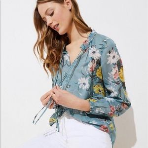LOFT Sage Floral Ruffle Tie Neck Blouse
